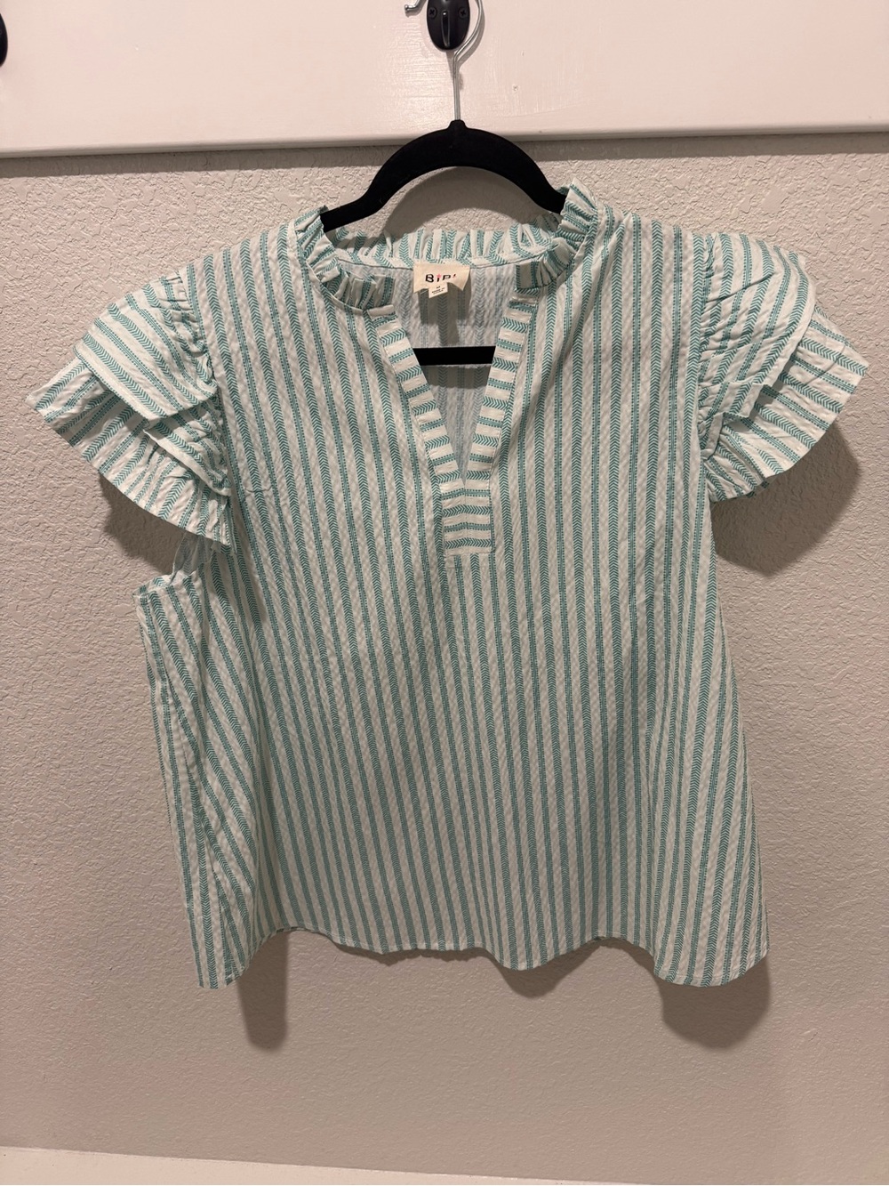 BiBi Mint and White Striped Ruffle Sleeve Tee